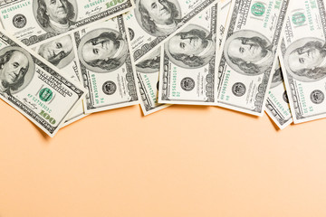 one hundred dollar bills Top view of business concept on background with copy space