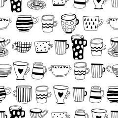 Black and white illustration of tea cups or coffee mugs. Seamless pattern for coloring book, page.