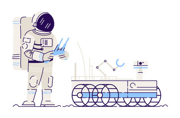 Cosmonaut driving lunar rover flat vector illustration. Astronaut in spacesuit working with moon roving vehicle isolated cartoon character on white background. Aerospace industry, cosmos exploring © bsd studio
