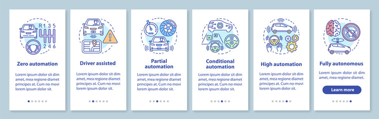 Driverless car stages onboarding mobile app page screen with linear concepts. Vehicle development walkthrough steps graphic instructions. UX, UI, GUI vector template with illustrations