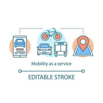 Mobility as a service concept icon. MaaS. Trip planner. Combining transportation services using mobile application idea thin line illustration. Vector isolated outline drawing. Editable stroke