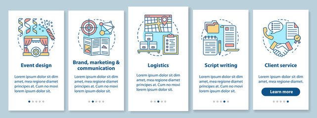 Event management, planning onboarding mobile app page screen with linear concepts. Brand, marketing and communication, client service. Walkthrough graphic instructions. UX, UI, GUI vector template