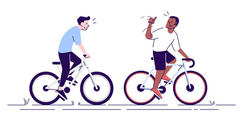 Neighbours on bicycles flat vector illustration. Coach supporting cyclist. Friends, colleagues enjoy riding bikes together isolated cartoon characters with outline elements on white background