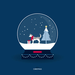 Christmas greeting card. Siberian husky in a snow globe. © Amimy