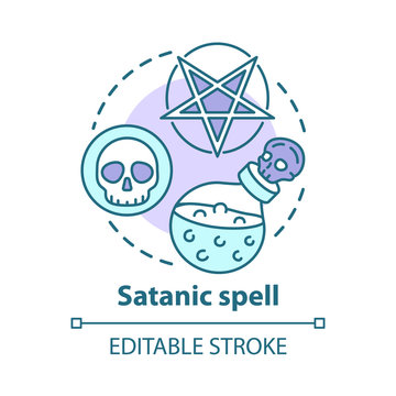 Satanic spell concept icon. Witchcraft and alchemy idea thin line illustration. Dark arts, diabolic ritual. Pentagram, skull and magic potion vector isolated outline drawing. Editable stroke