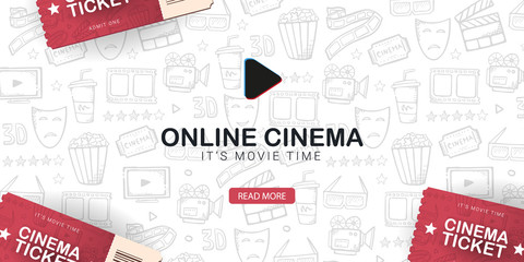 Online Cinema banner with tickets. Hand draw doodle background.