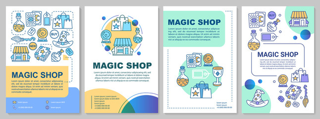 Magic shop brochure template layout. Esoteric store flyer, booklet, leaflet print design with linear illustrations. Vector page layouts for magazines, annual reports, advertising posters