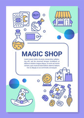 Magic shop poster template layout. Esoteric store goods. Banner, booklet, leaflet print design with linear icons. Spellbook, tarot cards. Vector brochure page layouts for magazines, advertising flyers