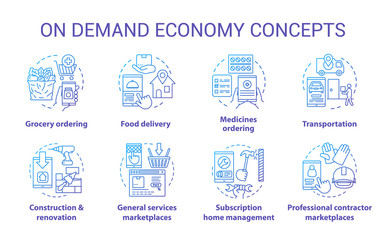 Demand and supply concept icons set. Commercial services industry, consumerism idea thin line illustrations. E commerce, modern business. Online marketplace app vector isolated outline drawings