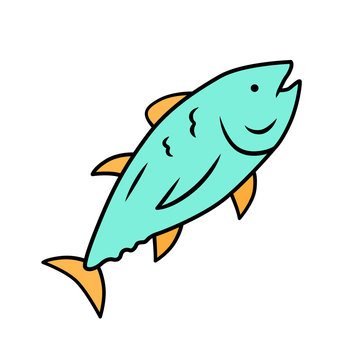 recommend clip art: Tuna blue color icon. Swimming marine fish. Underwater inhabitant. Mackerel fishing. Seafood restaurant menu. Floating aquatic animal. Undersea world. Healthy nutrition. Isolated vector illustration