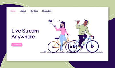 Fototapeta premium Live stream anywhere landing page vector template. Taking selfie stick picture in training website interface idea with flat illustrations. Homepage layout. Web banner, webpage cartoon concept