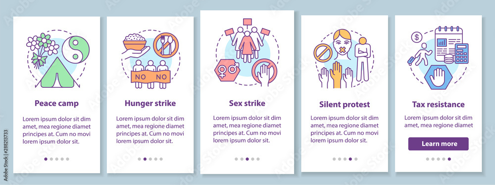 Wall mural peaceful protest onboarding mobile app page screen with linear concepts. nonviolent public demonstra