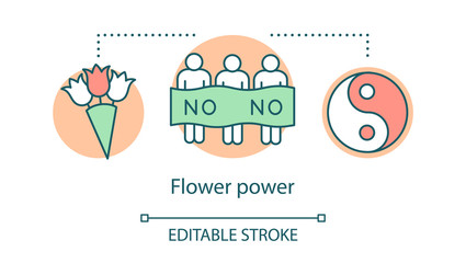 Flower power concept icon. Hippie movement, nonviolence ideology idea thin line illustration. Yin and yang sign, protesters with banner and bouquet vector isolated outline drawing. Editable stroke
