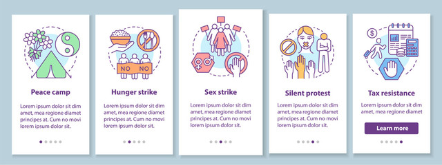 Peaceful protest onboarding mobile app page screen with linear concepts. Nonviolent public demonstration walkthrough steps graphic instructions. UX, UI, GUI vector template with illustrations