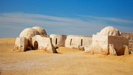 Decorations of movie Star Wars Episode First in Sahara desert, Tunisia
