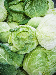 Fototapeta premium Fresh heads of cabbage close-up in the market. The concept of autumn harvest, organic products, discounts, trade.