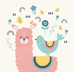 Llama and bird cartoon design vector illustration