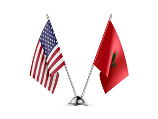 Desk flags, United States  America  and Morocco, isolated on white background. 3d image