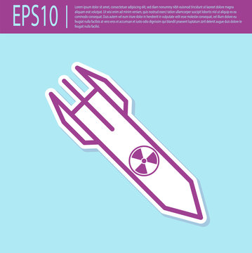 Retro Purple Nuclear Rocket Icon Isolated On Turquoise Background. Rocket Bomb Flies Down. Vector Illustration