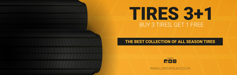Tires car advertisement poster. Black rubber tire on the background with wheel tire tracks.