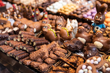 Close view of a handmade chocolate shop in Boqueria, Barcelona