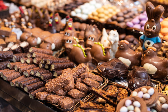Close view of a handmade chocolate shop in Boqueria, Barcelona