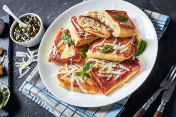 Crepes with Meat and mushrooms filling, top view
