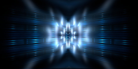 Empty stage, blue neon, abstract blue background. Rays of searchlights, light, abstract tunnel, corridor.