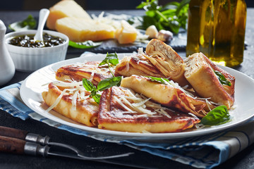 close-up of Crepes with minced chicken Meat
