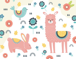 Llama and rabbit cartoon design vector illustration