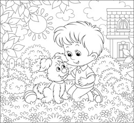 Little boy playing with a small pup among flowers on a lawn in front of his house on a sunny summer day, black and white vector illustration in a cartoon style for a coloring book