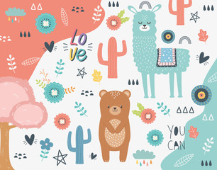 Bear and llama cartoon design vector illustration