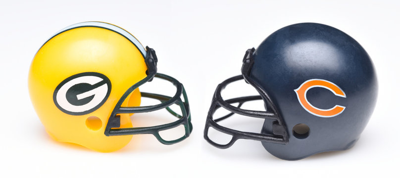 IRVINE, CALIFORNIA - SEPTEMBER 6, 2019: Football Helmets Of The Green Bay Packers Vs Chicago Bears, Week One Opponents In The NFL 2019 Season