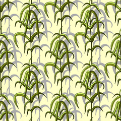 Seamless pattern with sunny green leaves on the light yellow background.