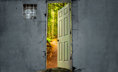Door Of Opportunity In Grunge Prison Like Solid Wall Leading To Forest Path Conceptual Freedom Hope Break Through