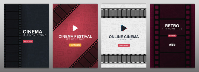 Set of Cinema banners with film strips. Hand draw doodle background.