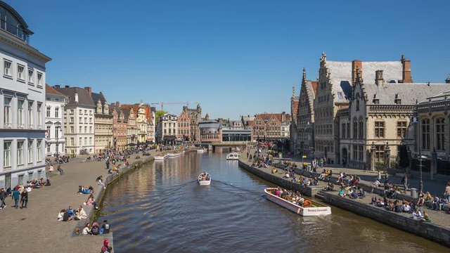 Ghent old town skyline with canal in Ghent, Belgium