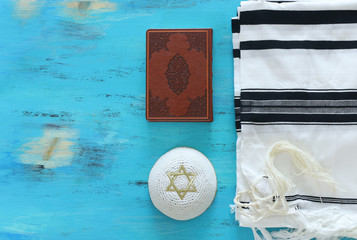 religion image of Prayer Shawl - Tallit and Prayer book jewish religious symbols. Rosh hashanah...