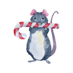 Gray mouse with a christmas caramel cane.