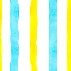 Bright watercolor seamless pattern with yellow and light blue verical strips and lines on white background. Striped decorative print, summer wallpapers. Great for scrapbook, textile, nursery design.