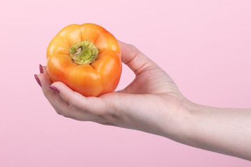 Orange sweet bell pepper in hand on a pink background.
