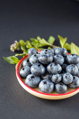 Big tasty blueberry and green mint leaves in a white plate on a dark background. Healthy berry. Vaccinium uliginosum.