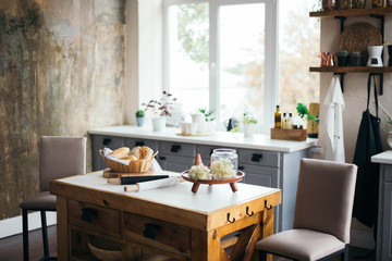 bright cozy kitchen with windows, kitchen tools