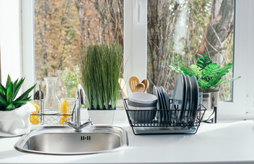 kitchen interior: sink, window, dishes, flowerpots
