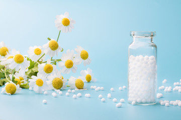 Homeopathic globules and glass bottle on blue background next to medicinal chamomile flowers.