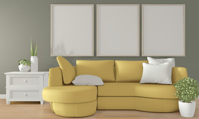 Mock up poster frame on green wall with yellow sofa on modern room interior.3D rendering