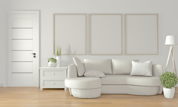 Mock up poster frame on white wall with white sofa on modern room interior.3D rendering © Interior Design
