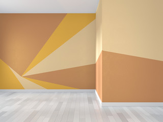 Ideas of yellow and orange room Geometric Wall Art Paint Design color full style on wooden floor.3D rendering