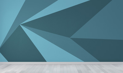 Ideas of blue empty room Geometric Wall Art Paint Design color full style on wooden floor.3D rendering