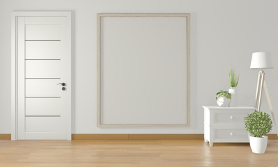 Poster frame on white wall and white door and decoration minimal design.3D rendering